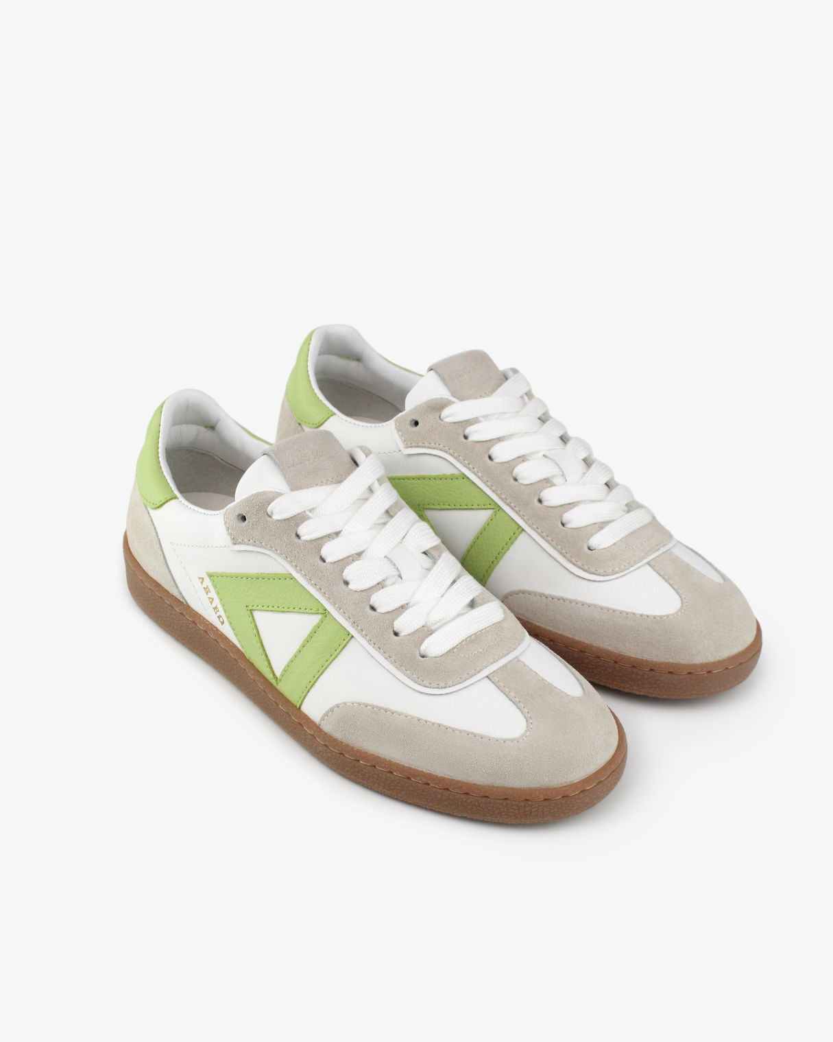 Hera Low Top Trainers - White Leather, Taupe Suede & Lime Green Pebbled Leather