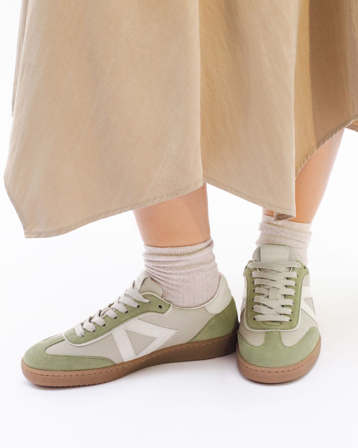 Hera Low Top Trainers - Taupe Leather, Olive Green Suede & Stone Leather