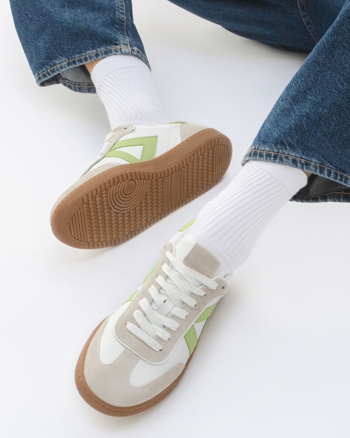 Hera Low Top Trainers - White Leather, Taupe Suede & Lime Green Pebbled Leather