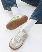 Hera Low Top Trainers - White Leather, Taupe Suede & Lime Green Pebbled Leather