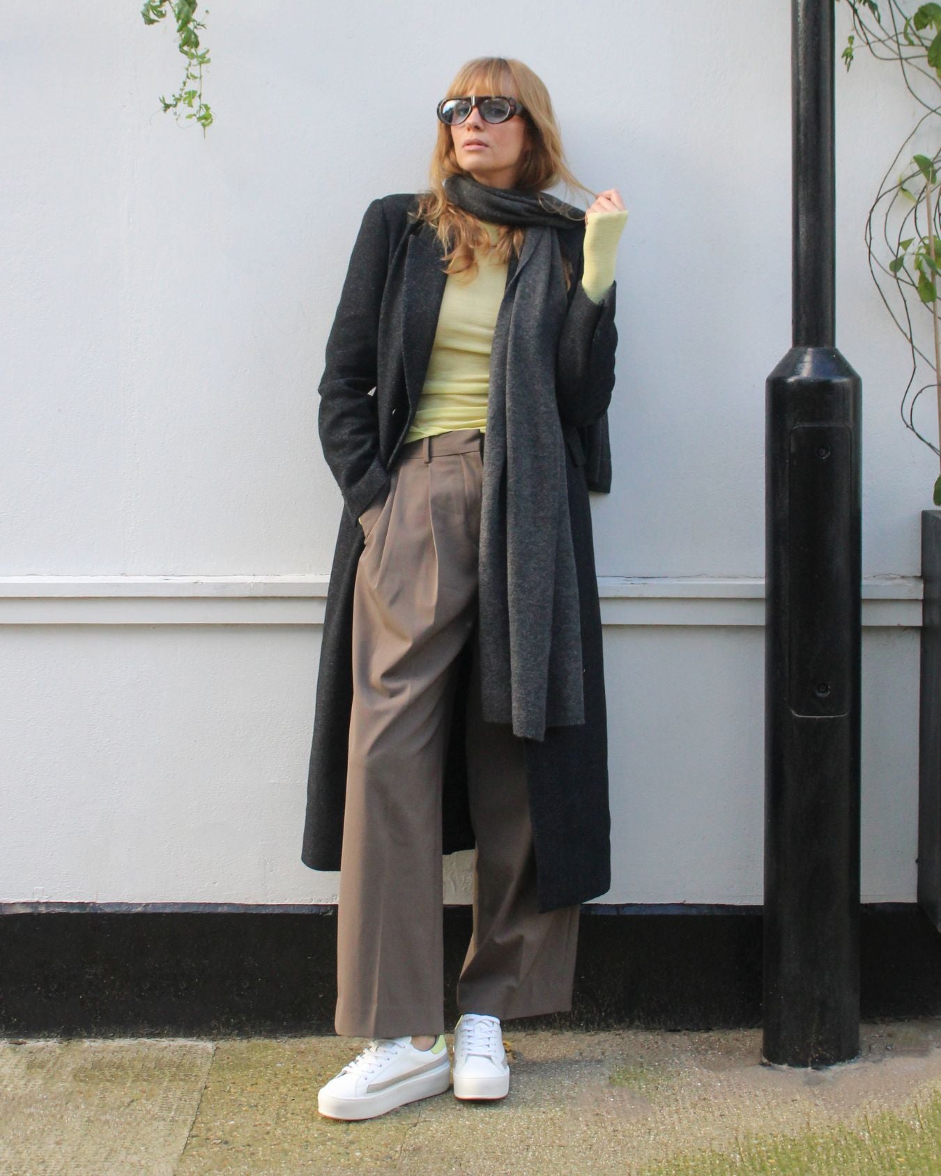 Gaia Platform Trainers - White, Grey & Lime-Yellow Pebbled Leather