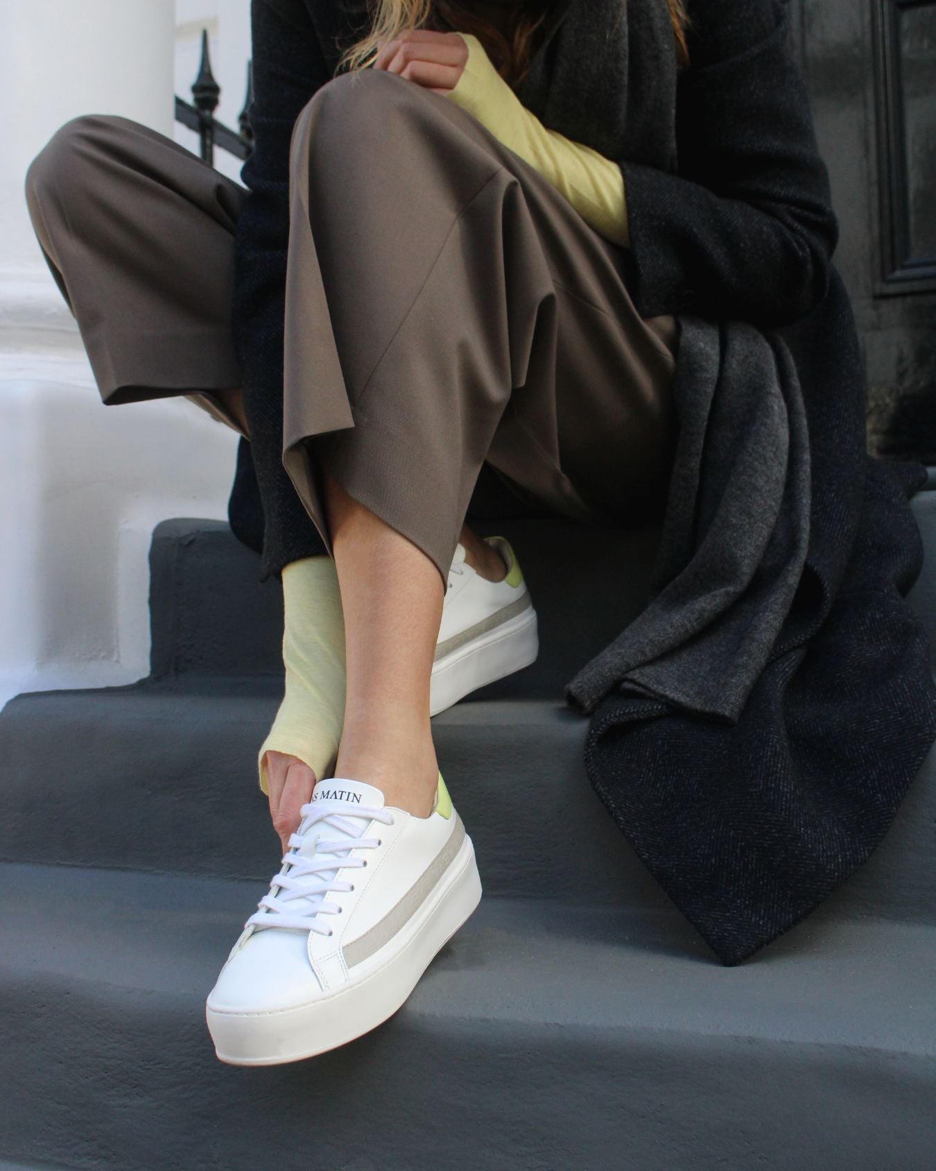 Gaia Platform Trainers - White, Grey & Lime-Yellow Pebbled Leather