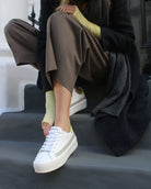 Gaia Platform Trainers - White, Grey & Lime-Yellow Pebbled Leather