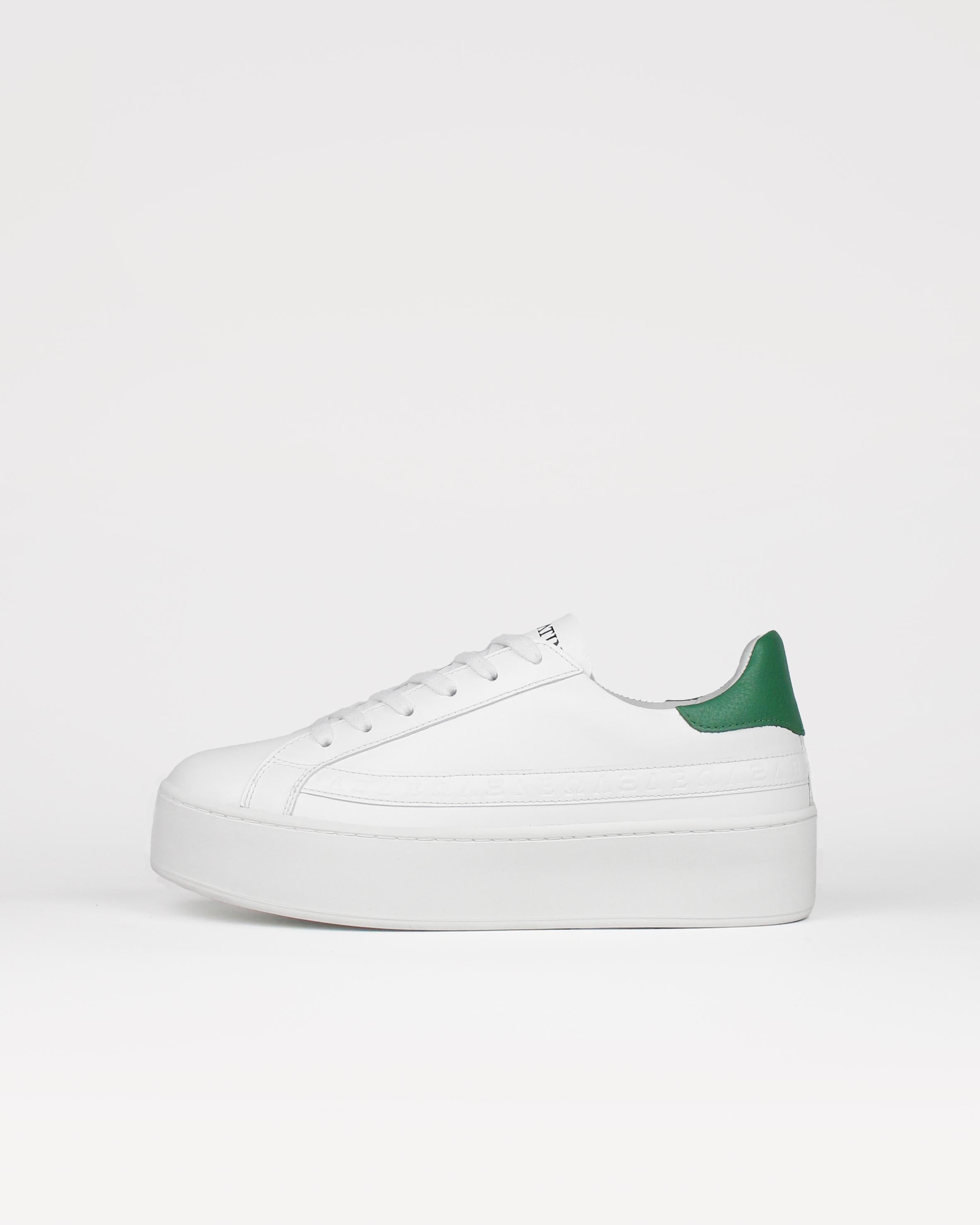 Gaia Platform Trainers White & Forest Green Pebbled Leather