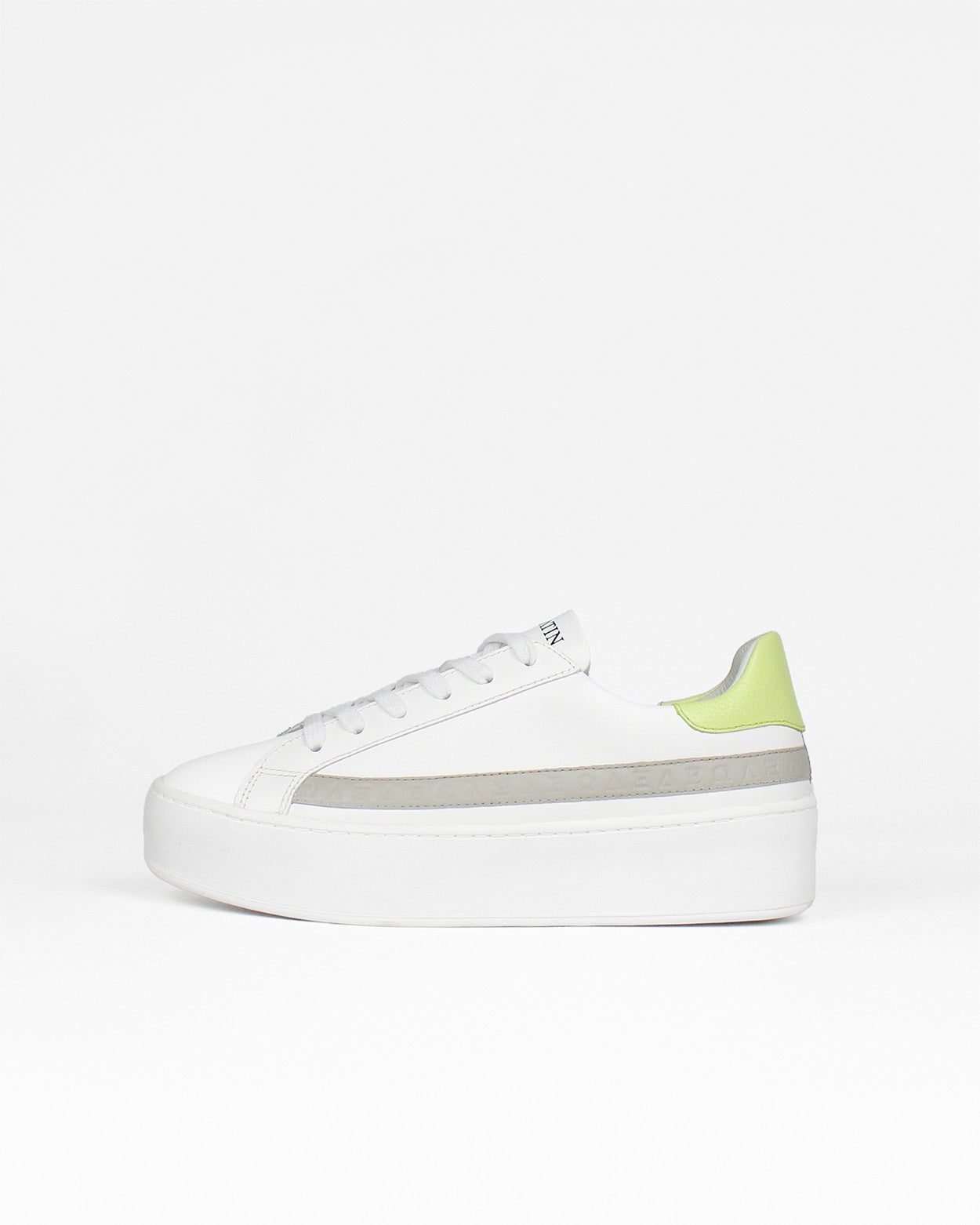 Gaia Platform Trainers White Grey & Lime Green Pebbled Leather