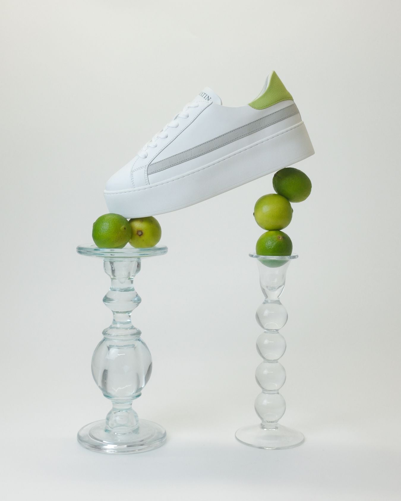 Gaia Platform Trainers - White, Grey & Lime Green Pebbled Leather