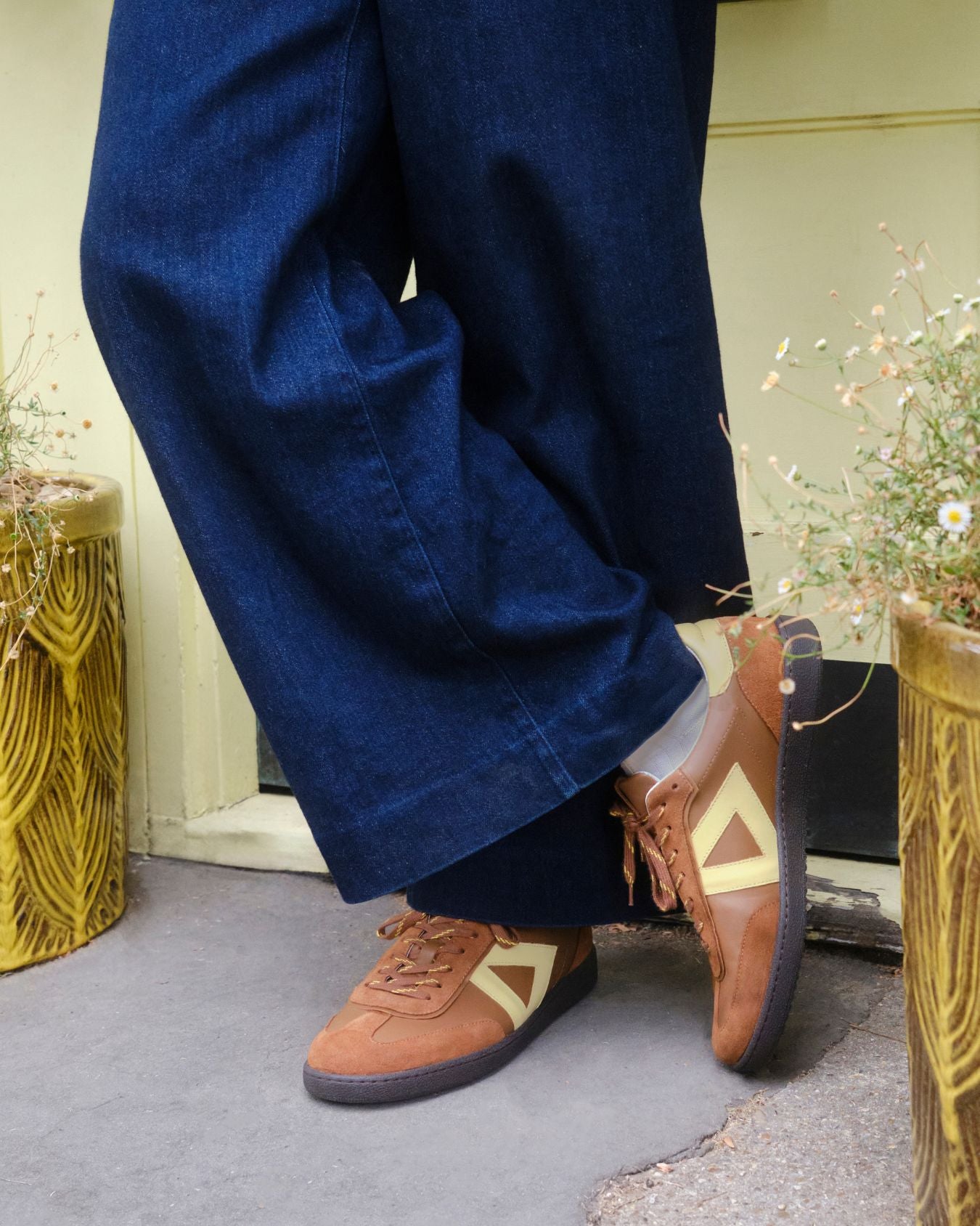 Hera Low Top Trainers - Tan Brown Leather, Suede & Butter Yellow Leather