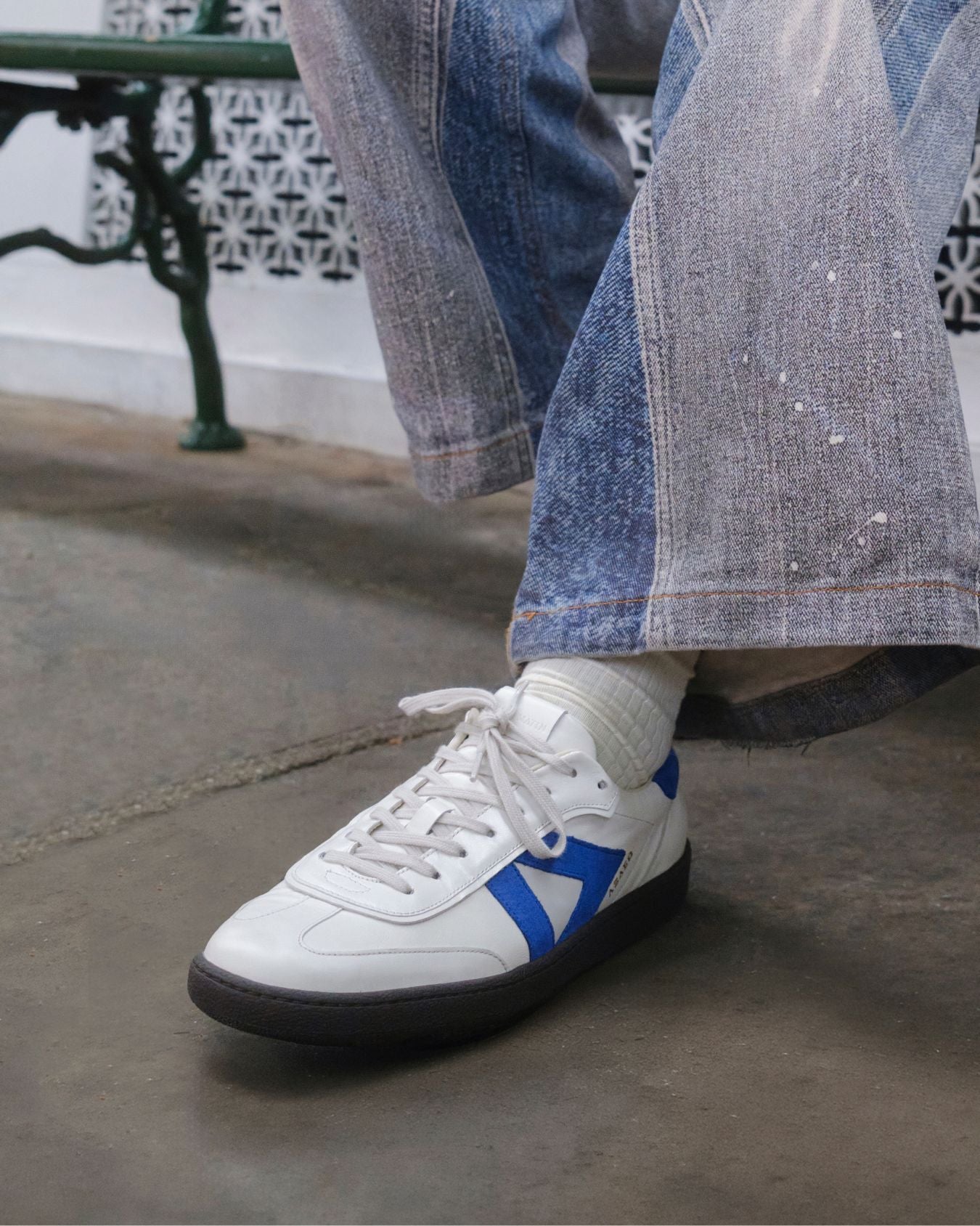 Hera Low Top Trainers - Patent Stone Leather & Cobalt Blue Suede