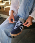 Hera Low Top Trainers - Navy Blue Leather, Suede & Sky Blue Nubuck Leather