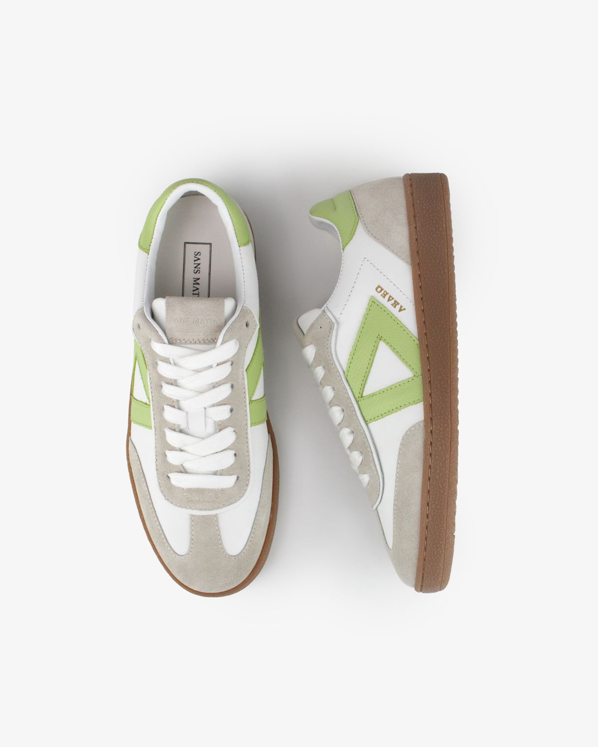 Hera Low Top Trainers - White Leather, Taupe Suede & Lime Green Pebbled Leather