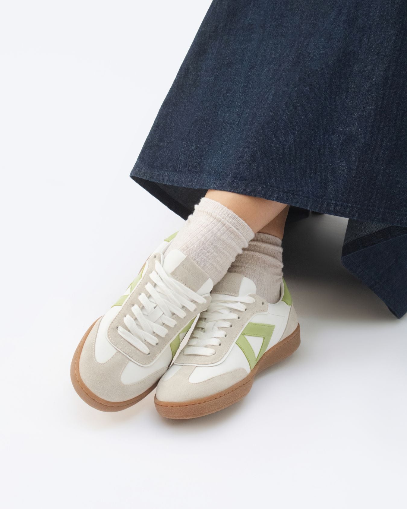 Hera Low Top Trainers - White Leather, Taupe Suede & Lime Green Pebbled Leather