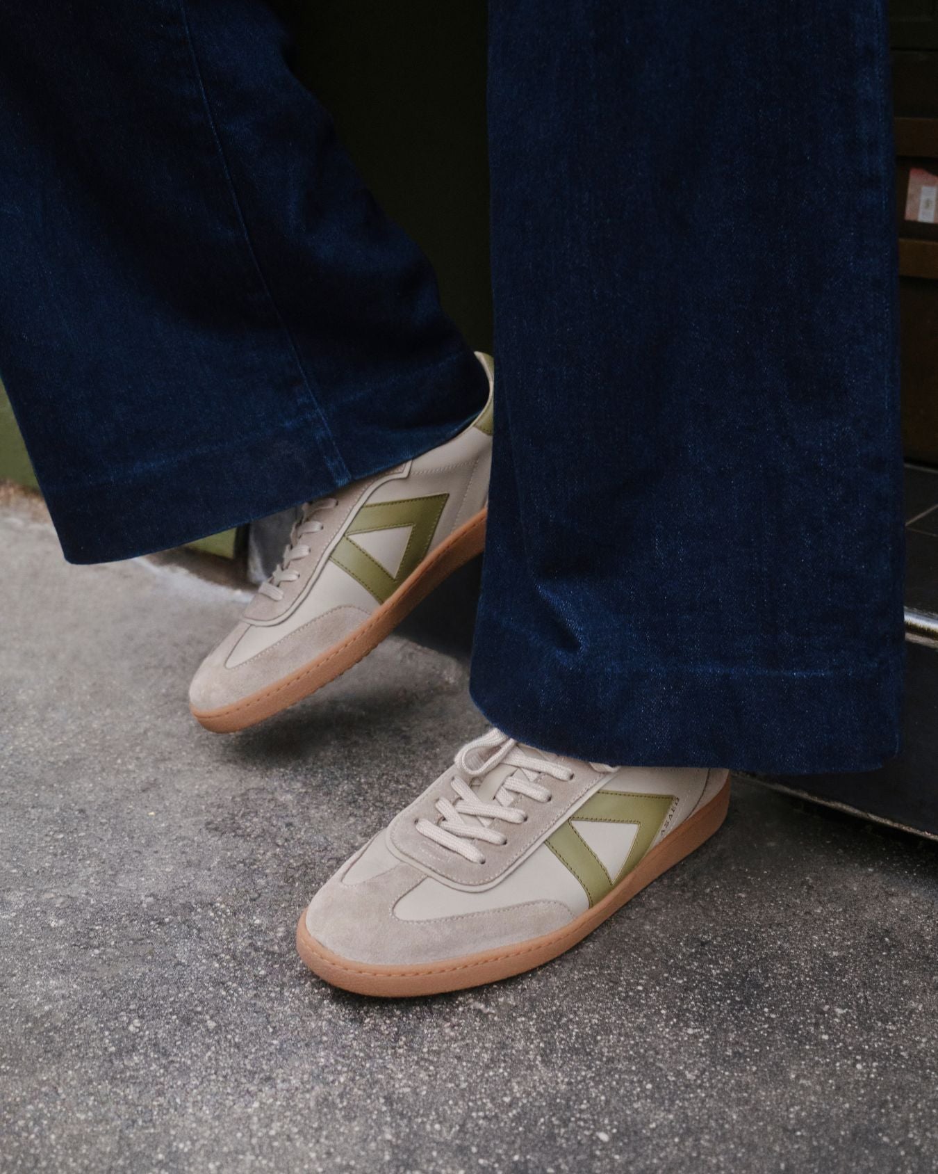 Hera Low Top Trainers - Sand Leather, Suede & Olive Green Leather