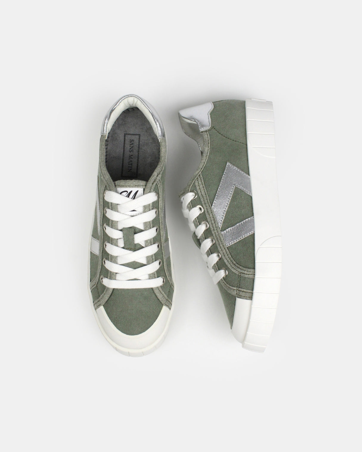 AW25 Limited Edition Helios Low Top Trainers - Khaki Green Canvas & Silver Leather
